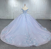 Lavender Quinceanera Dress Off-Shoulder Ball Gown with 3D Butterfly Lace Appliques & Lace-Up Corset